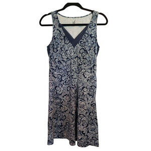 Title 9 Freelance Dress - Shibori Floral Blue White V Neck Pockets Medium